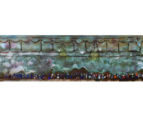Richard Dent (British 1902-1981) Crowds gathered on a riverbank, signed, enamel on copper.29.5cm x 90.5cm (11.75in x 35.75in)