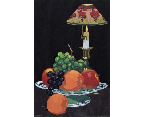 Thomas Todd Blaylock (1876-1929) "Dessert", signed and titled, stencil print on black silk.35.5cm x 22cm (14in x 8.75in)Condi