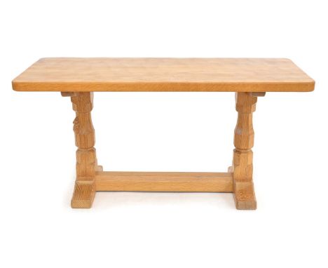 Workshop of Robert Thompson of Kilburn, Mouseman oak coffee table, the adzed rectangular top raised on a refectory base, with