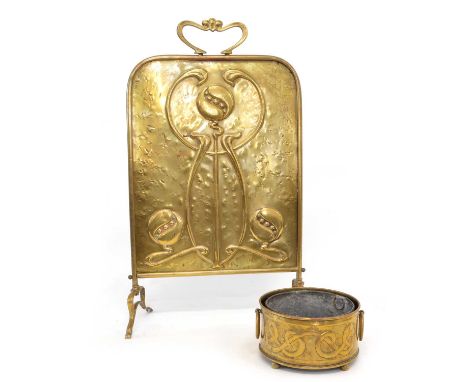 Arts &amp; Crafts hand punched circular brass planter with an Art Nouveau embossed brass fire screen. Planter: 20cm (8in) dia