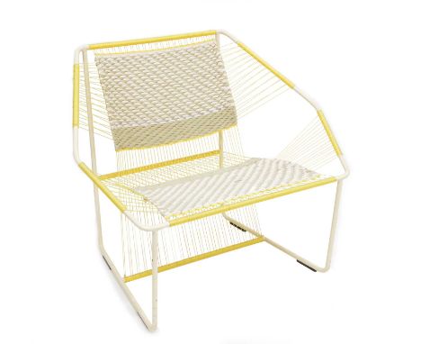 Marina Dragomirova yellow and white Fuchila Chair. The chair is woven with nylon and wool thread on a powder-coated metal fra