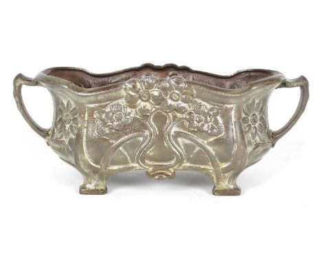 French Art Nouveau cast iron jardiniere planter with floral decoration, Fp 8F mark to base.41cm(16in) wide, 15cm (6in) deep, 