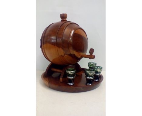 Treen barrel decanter with tray and four tots