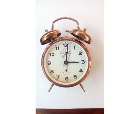 Copper two bell vintage alarm clock. Made in Germany, by Peter