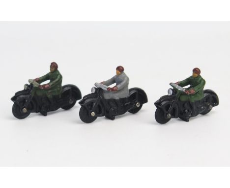 Dinky 37a Civilian Motorcycle trio, all black with solid black rubber wheels, x2 with green riders, x1 grey rider - generally