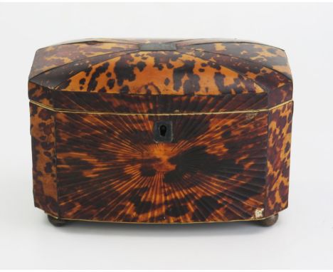 A 19th century blonde tortoiseshell tea caddy of rectangular outline, with shallow domed hinged lid, enclosing a paper lined 