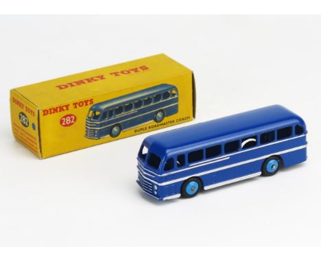 Dinky 282 (29H) Duple Roadmaster Leyland Royal Tiger Coach in dark blue with silver stripes, light blue ridged hubs "282" to 