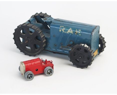 Tri-ang Minic Tinplate Clockwork Tractor Pair including No. 2 "RAF" large scale and crawler in red - fair to excellent (missi