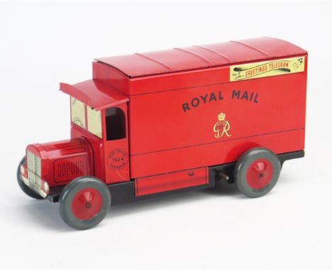 Rare Chad Valley Clockwork Tinplate Royal Mail Van CV 1032 in red "ROYAL MAIL" and "GR VI" crest to sides, "POST OFFICE 7624 