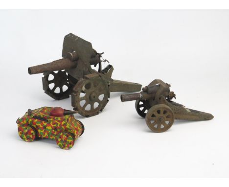 Military Tinplate Trio including Bing Artillery Gun, Marx Tank and another larger artillery gun 