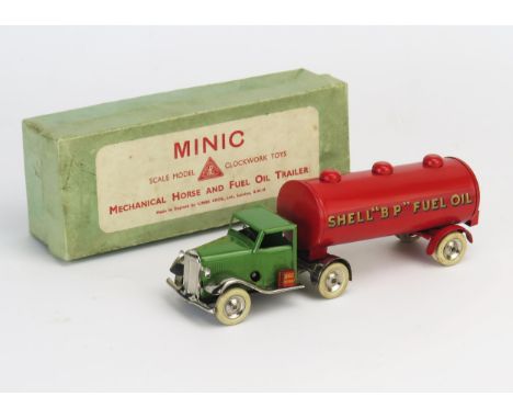 Tri-ang Minic Tinplate Clockwork Mechanical Horse And Fuel Oil Tanker - cab in light green/chrome, tanker red "SHELL "BP" FUE