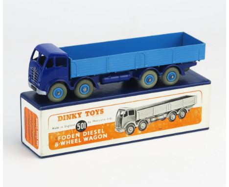 Dinky 501 Foden Diesel 8 Wheel Wagon (type 2 cab), violet blue cab, chassis and tow hook, light blue back and grooved  hubs, 