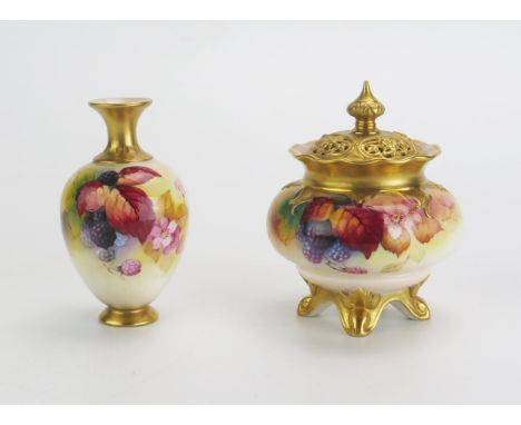 A Royal Worcester blush ivory pot pourri and cover, with blackberry painted decoration, signed K Blake, 11cm high, together w