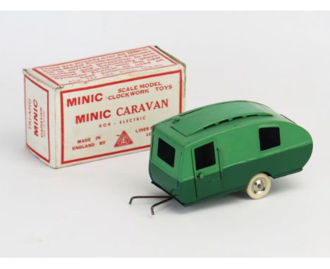 Tri-ang Minic Tinplate Caravan in two-tone green, white tyres - near mint in very good white and red print box 