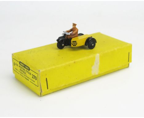 Dinky 270 (44b) AA Motorcycle Patrol Trade Box for 6, with 1 model, black bike and yellow sidecar with light brown rider, sol