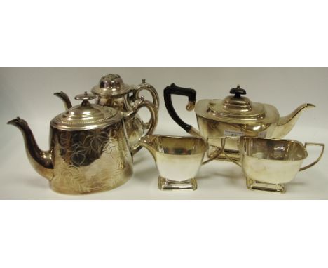 Plated ware - a three piece EPNS tea service; an EPBM teapot; a similar coffee pot