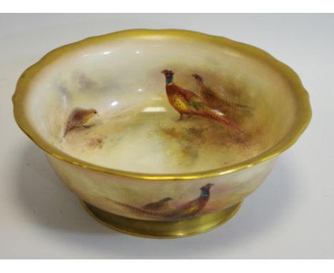 A Royal Worcester bowl, decorated by Jas Stinton, signed,  with pheasants and hen, burnished gilt, 22.5cm high, printed crown