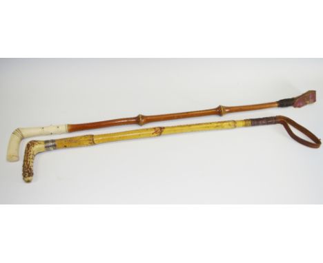 A 19th century bone hafted and bamboo riding whip, 70cm long;  another (2)