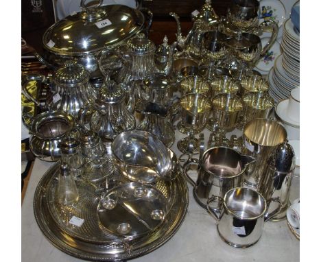 Silver plated ware - a substantial twin handled pedestal soup tureen &amp; cover; a coffee &amp; tea pot; a lobed 4 piece cof