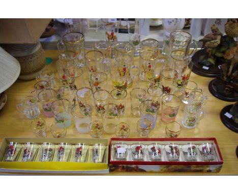 Glassware - assorted drinking glasses, shot glasses, etc all decorated with hunting scenes. qty. 