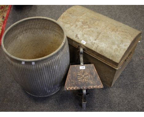 A tin water butt; a domed top tin trunk; a modern outside wall light