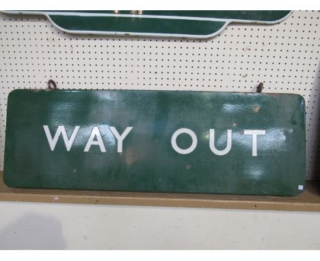 A B.R (S) double sided enamel station sign - WAY OUT, some chips to both sides of the enamel 91 x 30cm