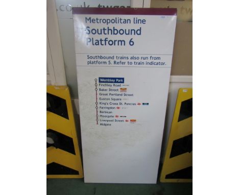 An enamel London Underground - Metropolitan Line Southbound Platform 6 sign for Wembley Park - Aldgate, some chips to the ena