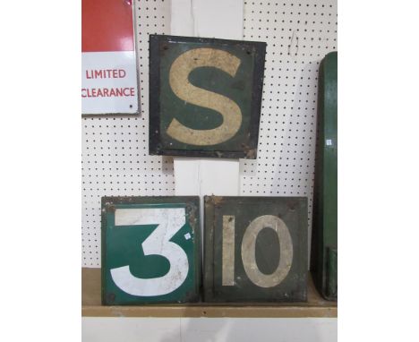 Three enamel B.R (S) platform signs, 10, 3 &amp; S on wooden backs, some chips to the enamel