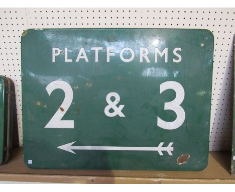 A B.R (S) enamel fully flanged station sign - PLATFORMS 2 &amp; 3, chips to the front enamel 61 x 46cm