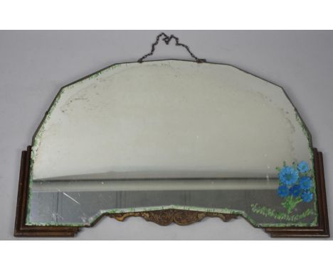 An Art Deco Wall Mirror with Oak Frame and Painted Floral Decoration, 72cms by 47cms