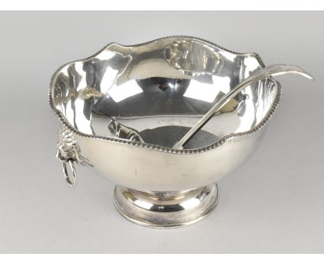 A Mod 20th Century Silver Plated Punch Bowl with Lion Mask Ring Handles and a Kings Pattern Punch Ladle, Bowl 27cms Diameter