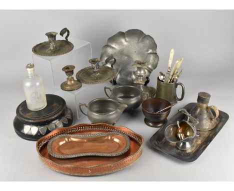 A Collection of Metalwares to Comprise Silver Plated Tray, Sugar Bowl, Candlestick, Trophy Plinth, Galleried Tray, Candle Snu