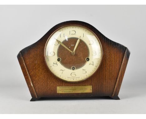 A Mid 20th Century Oak Westminster Chime Mantel Clock by Smiths, Presentation Plaque Inscribed "In Appreciation of Long Servi