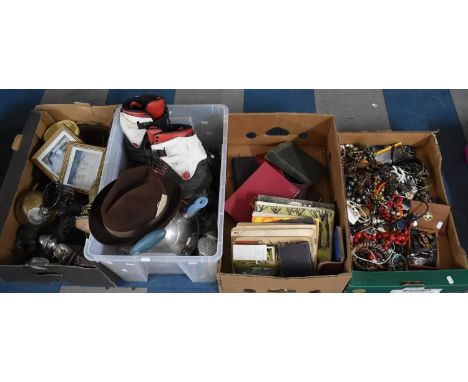 Four Boxes of Sundries to include Giles Cartoon Books, Costume Jewellery, Trilby, Roller Skates, Metalwares Etc