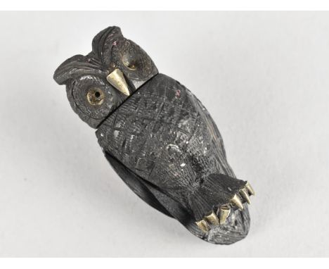 A Late 19th Century Irish Bog Oak Novelty Souvenir Scent Flask in the Form of a Standing Owl with White Metal Beak and Talons