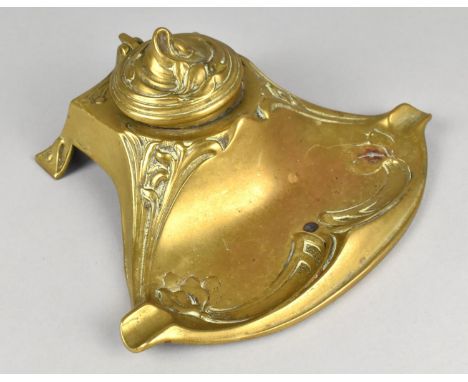 An Art Nouveau Desktop Brass Pen and Ink Stand with Relief Decoration, 18cms Wide