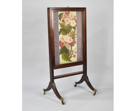A 19th Century Mahogany Fire Screen with Rise and Fall Tapestry Panel and Slide Out Glazed Panels Either Side, 50cms Wide