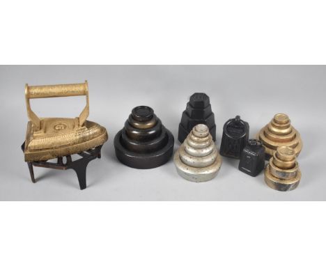 A Collection of Various Vintage Scale Weights, Cast Iron Trivet and a Flat Iron