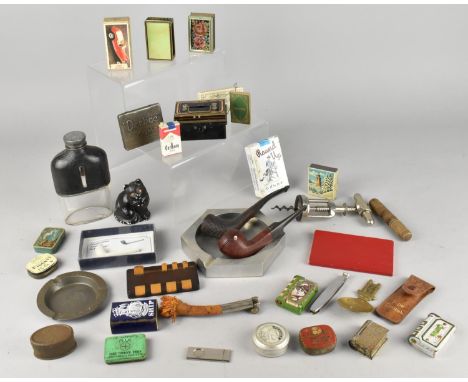 A Collection of Various Items to Comprise Smoking Ephemera, Pipes, Ashtrays, Hip Flask, Match Holders, Gramophone Needles etc