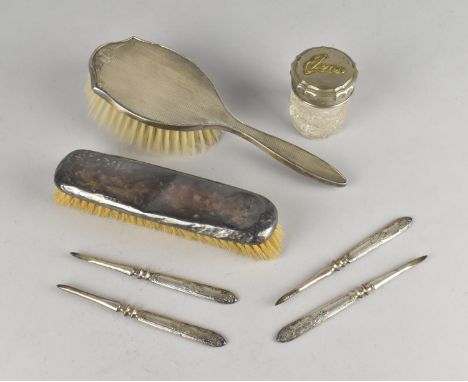 Two Silver Mounted Dressing Table Brushes Together with Silver Plated Manicure Tools and a Pot (Some Condition Issues)