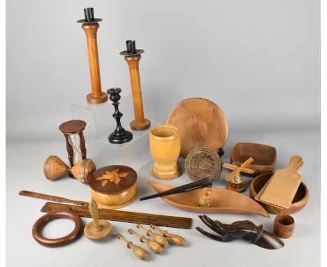 A Collection of Various Treen to Comprise Butter Press, Timer, Lidded Box, Carved Hand, Olive Wood Ruler