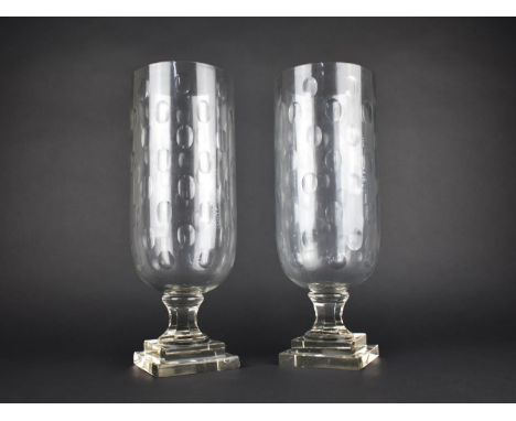 A Pair of Tall Hurricane Glass Vases with Instruction Leaflet and Thumb Cut Decoration, 39.5cms High