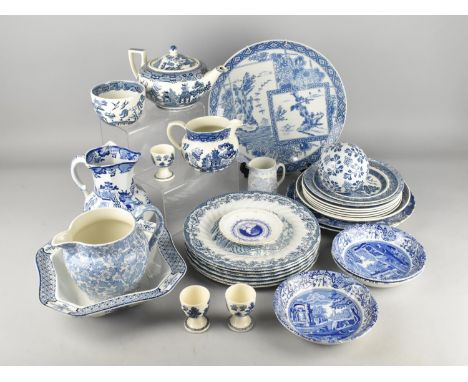 A Collection of Various Blue and White to Comprise Willow Pattern Plates, Teapot, Sugar Bowl, Spode Italian Bowls, Japanese C