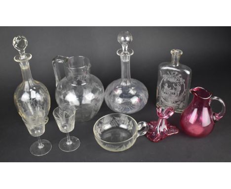 A Collection of Various Late 19th and 20th Century Glass to Comprise Etched Jug, Decanters, Flask, Cranberry Glass etc