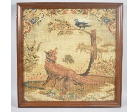 A Framed 19th Century Tapestry, The Fox and The Crow, 35.5cms Square