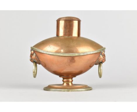A Small Adam Style Copper Tea Caddy with Lion Mask Ring Handles and Plated Oval Base, 11cms Wide and 10.5cms High