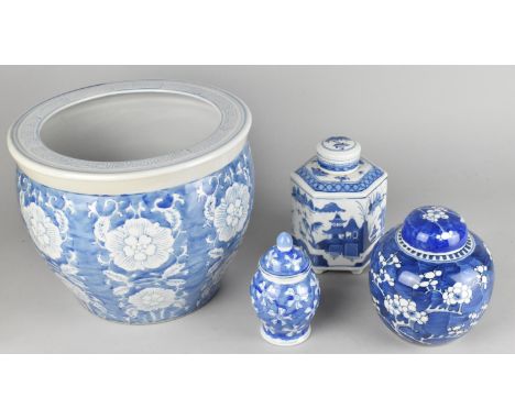 A Collection of Various Chinese Ceramics to Comprise Prunus Pattern Ginger Jar, River Village Pattern Hexagonal Caddy, Vase, 