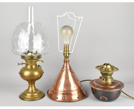 A Brass Oil Lamp with Glass Shade and Chimney, a Copper Based Example and a Copper Based Lamp Formed From a Posser