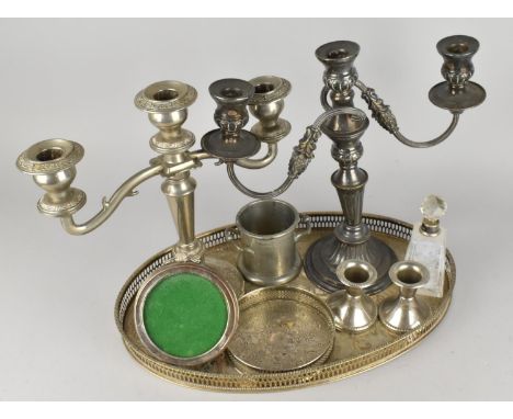 A Silver Plated Oval Gallery Tray, Two Three Branch Candelabra and Candlesticks, Easel Back Photo Frame Etc