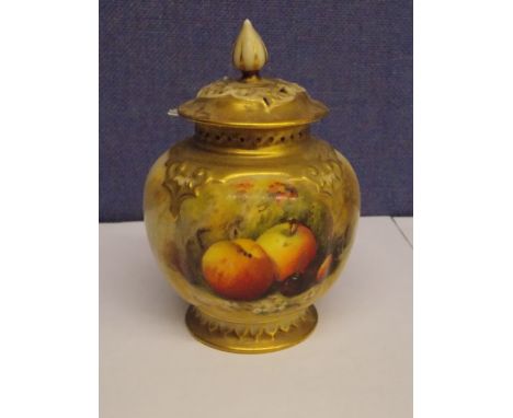 ROYAL WORCESTER POT AND COVER WITH GILDED DETAIL, HANDPAINTED WITH FRUIT BY RICKETTS, THE PIERCED COVER WITH REPAIRS, PUCE MA